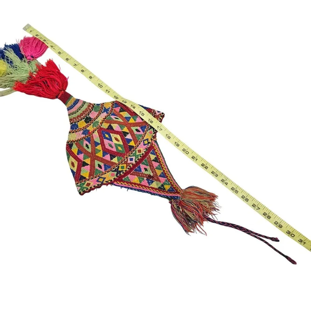 Vintage Hand Knit Tribal Wool Hat Colorful Geometric Patterns Tassels‎ Earflaps
